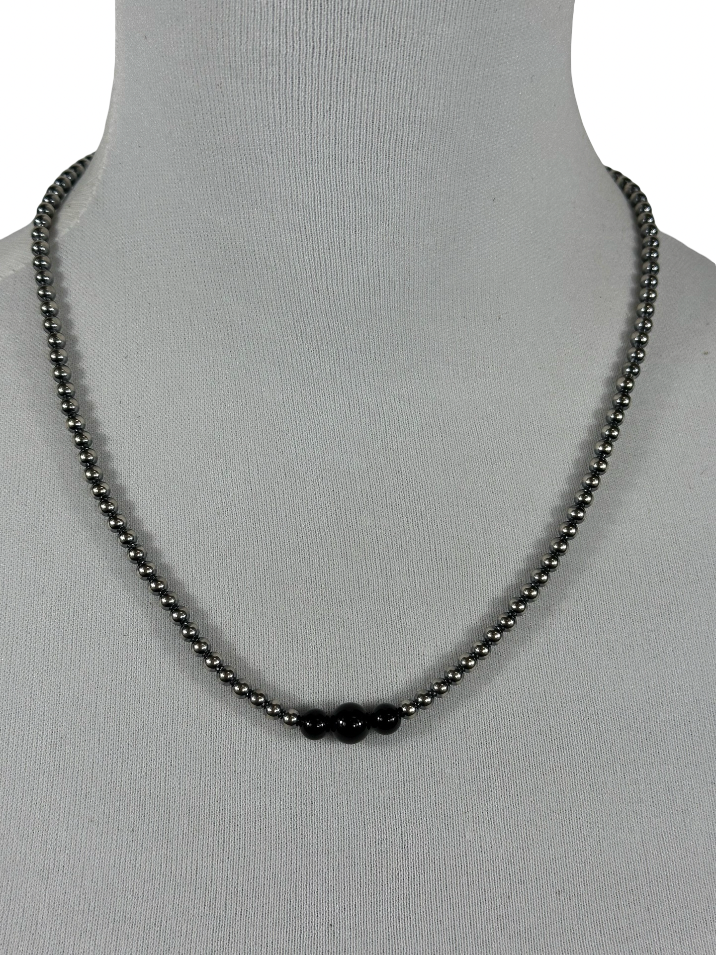 4-6-8mm Sterling Silver and Black Onyx Necklace