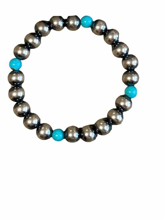 Turquoise and Sterling Pearl Stretch Bracelet