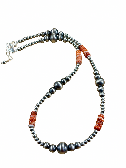Red Spiny Oyster & Silver Pearl Bead Necklace