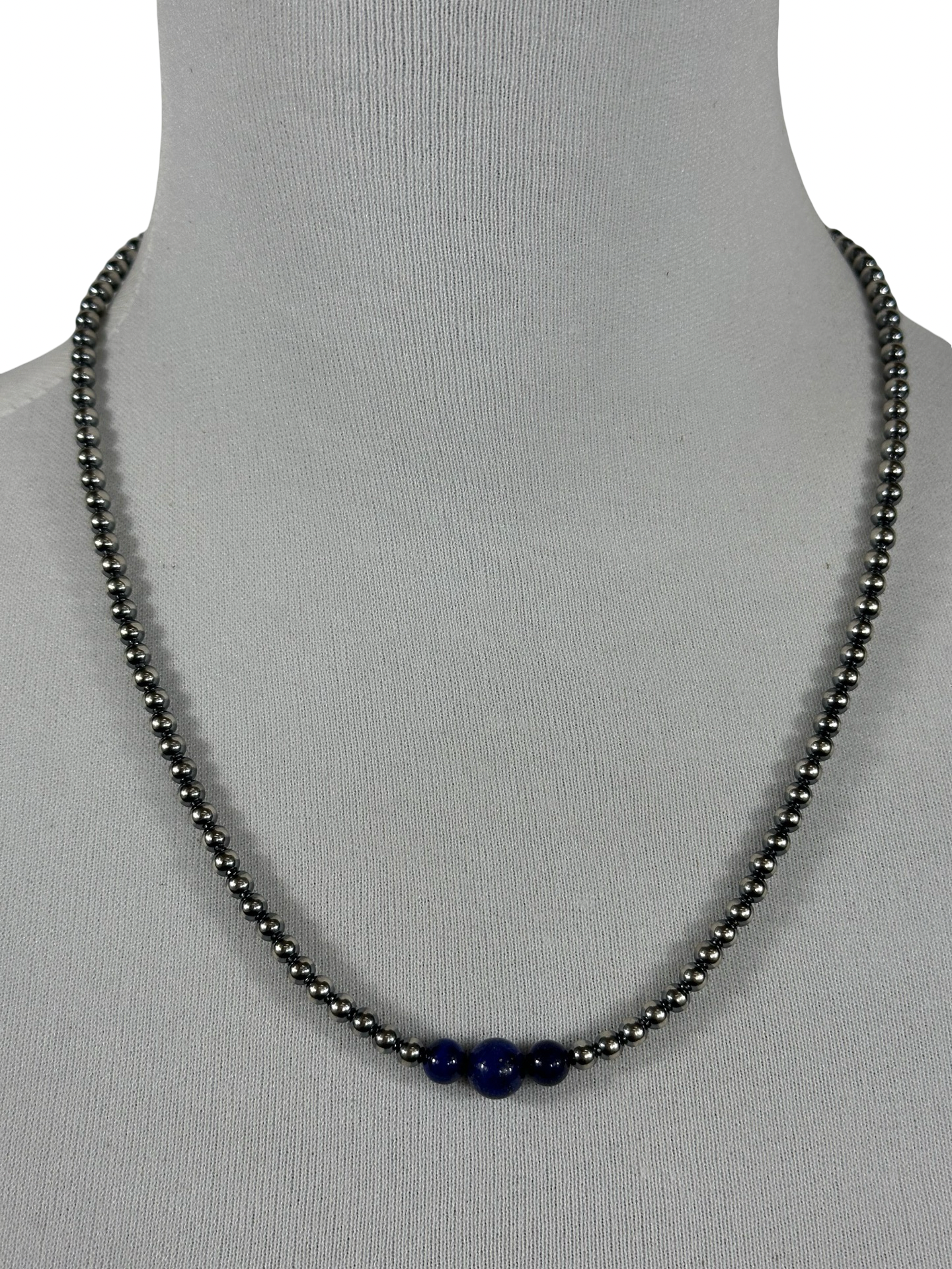4-6-8mm Sterling Silver and Lapis Necklace