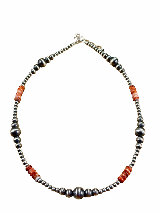 Red Spiny Oyster & Silver Pearl Bead Necklace