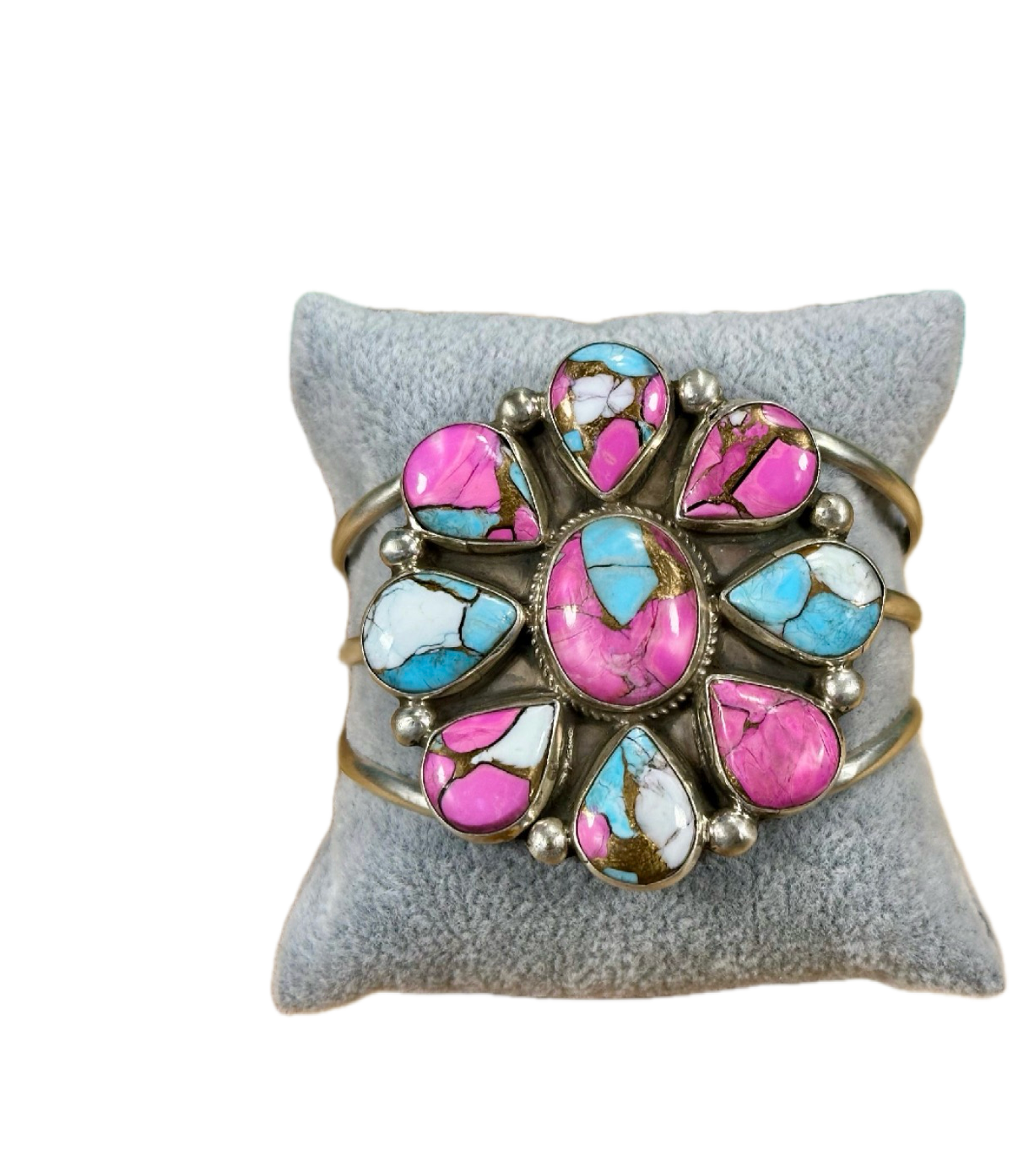 Cotton Candy Floral Cluster Sterling Silver Cuff Bracelet