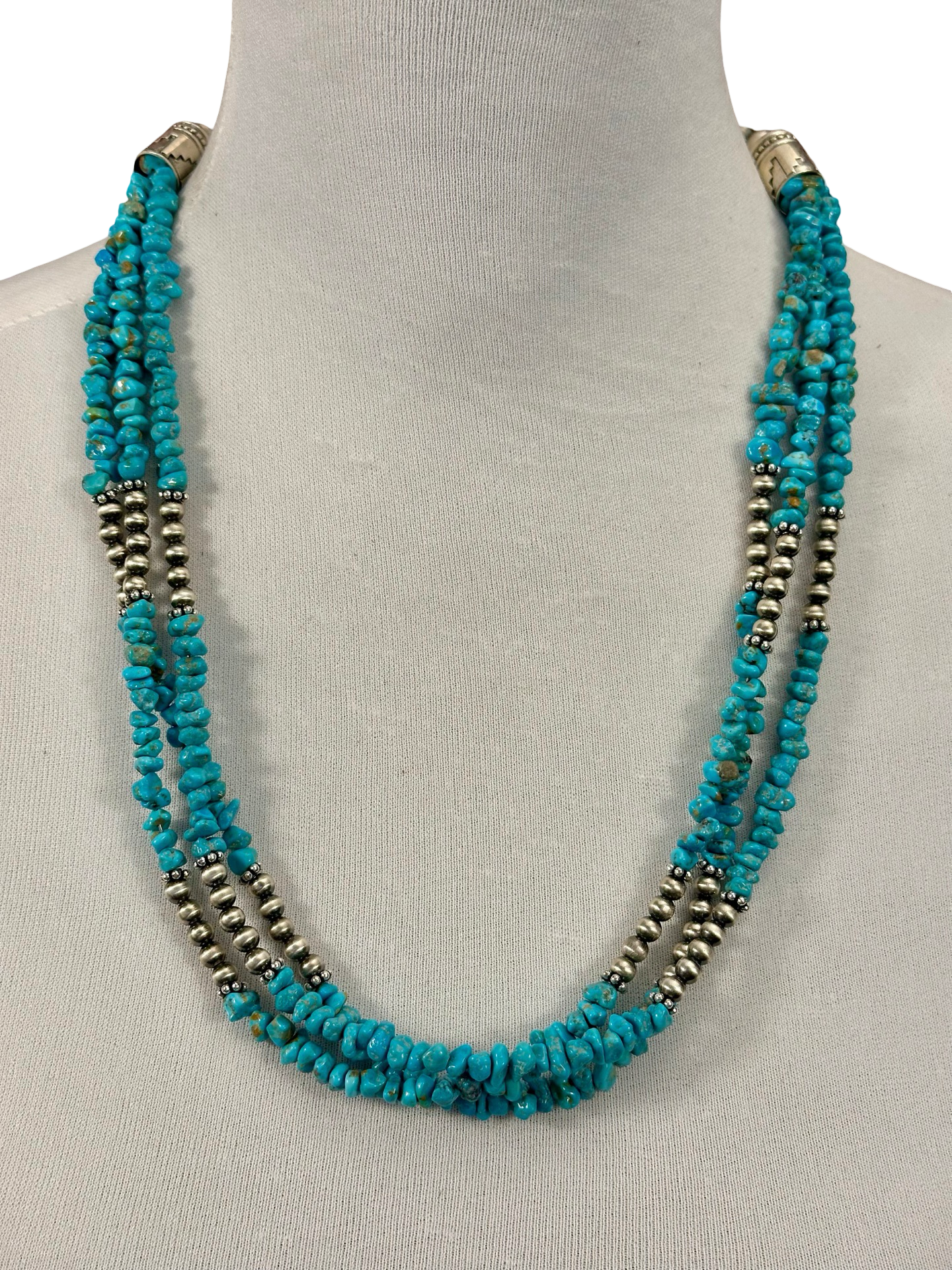Kingman Turquoise 3 Strand Chip & Sterling Pearl Necklace