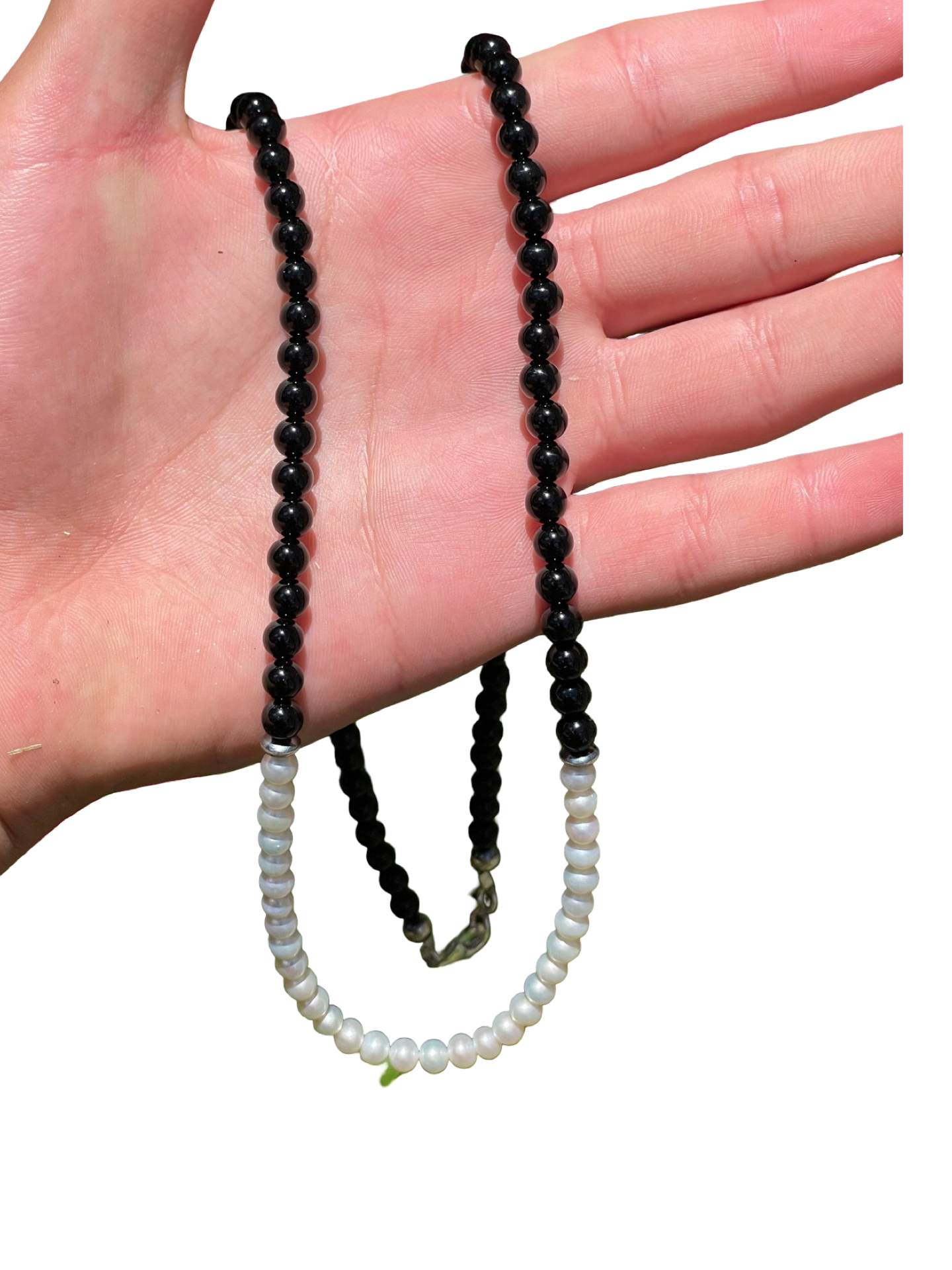 20” Shiny Onyx Beads and Freshwater Pearl Necklace