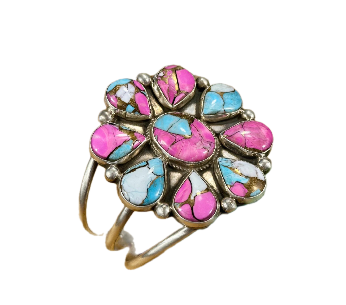 Cotton Candy Floral Cluster Sterling Silver Cuff Bracelet