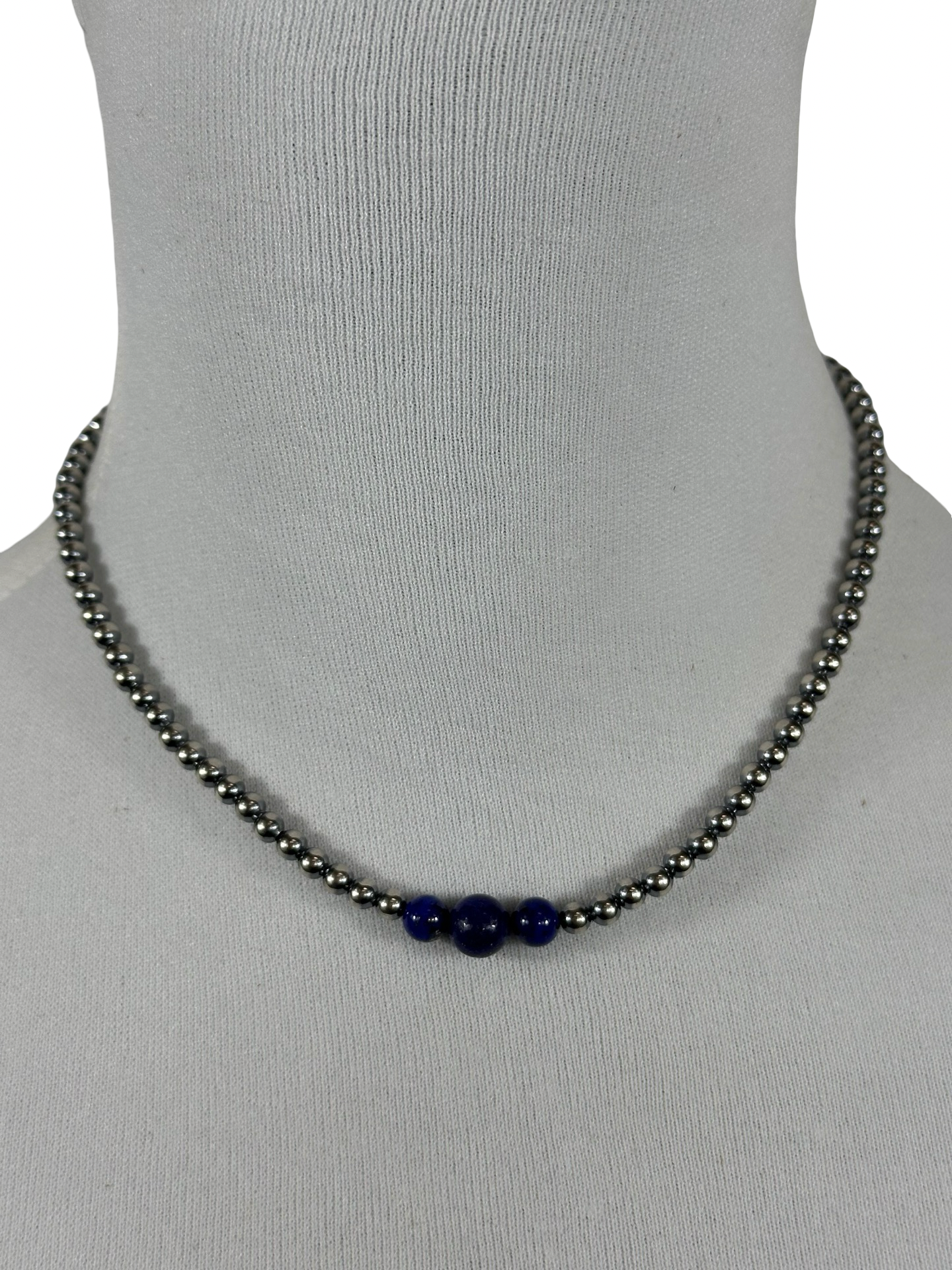 4-6-8mm Sterling Silver and Lapis Necklace