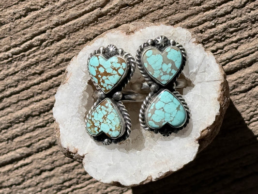 #8 Turquoise 2 Stone Heart Sterling Ring