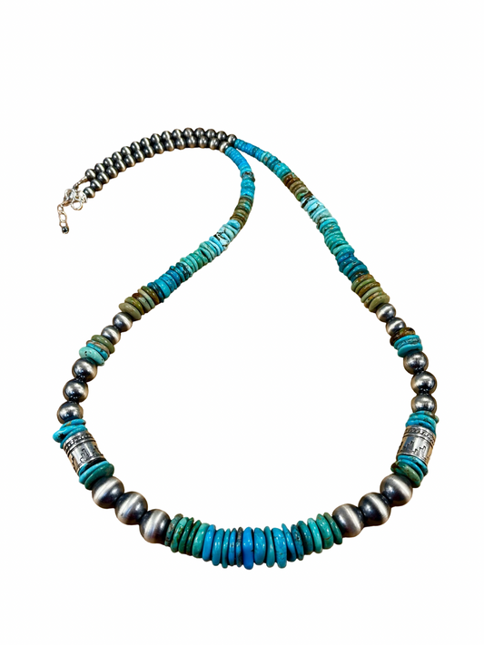 Kingman Turquoise Disc & Sterling Pearl Necklace