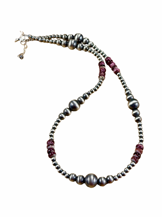 Purple Spiny Oyster & Silver Pearl Bead Ripple Necklace