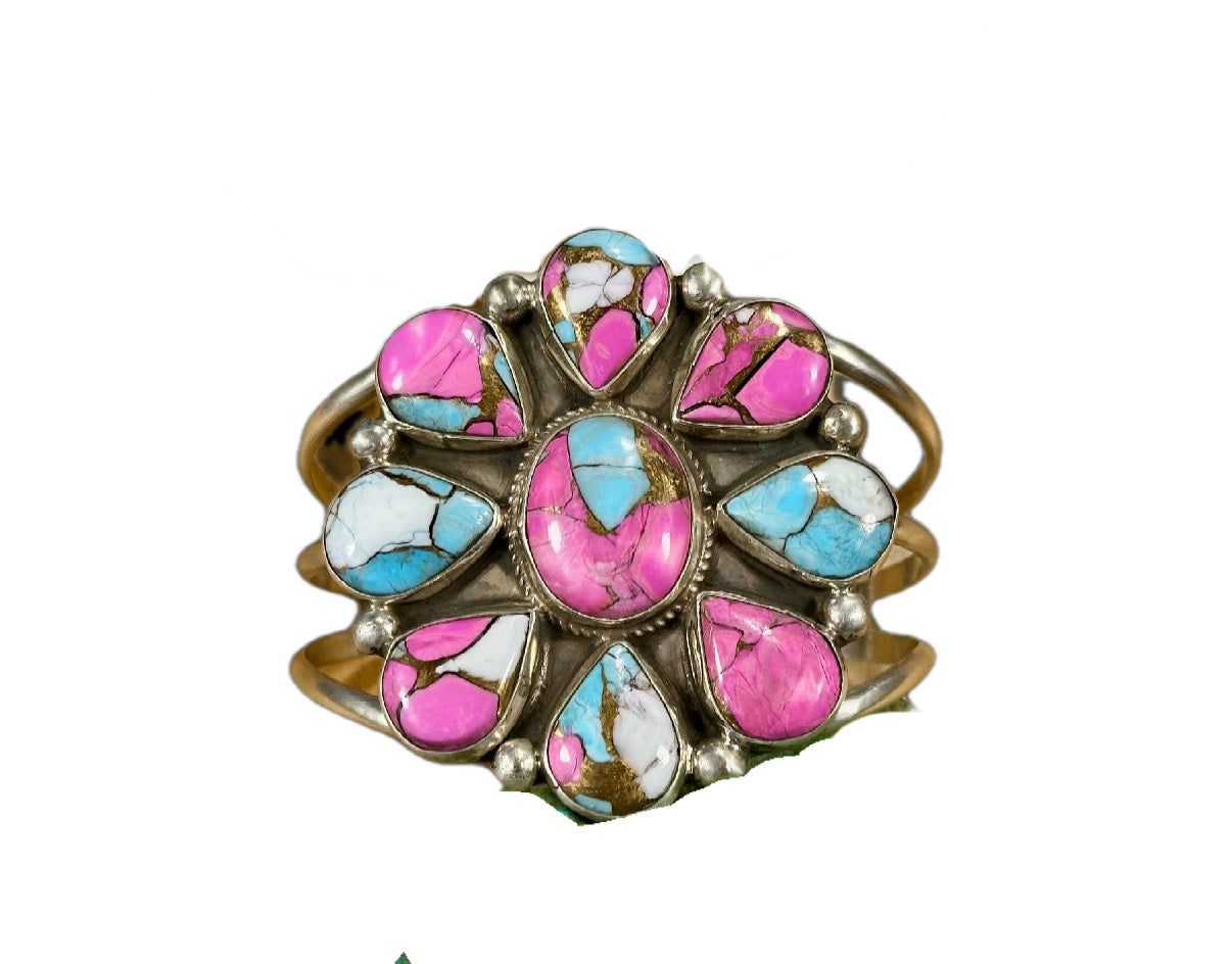 Cotton Candy Floral Cluster Sterling Silver Cuff Bracelet