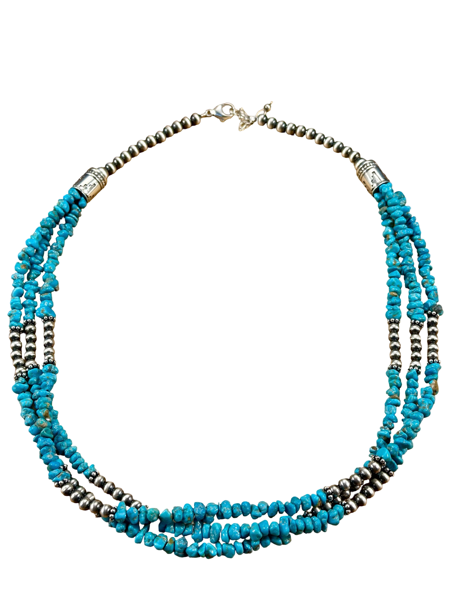 Kingman Turquoise 3 Strand Chip & Sterling Pearl Necklace