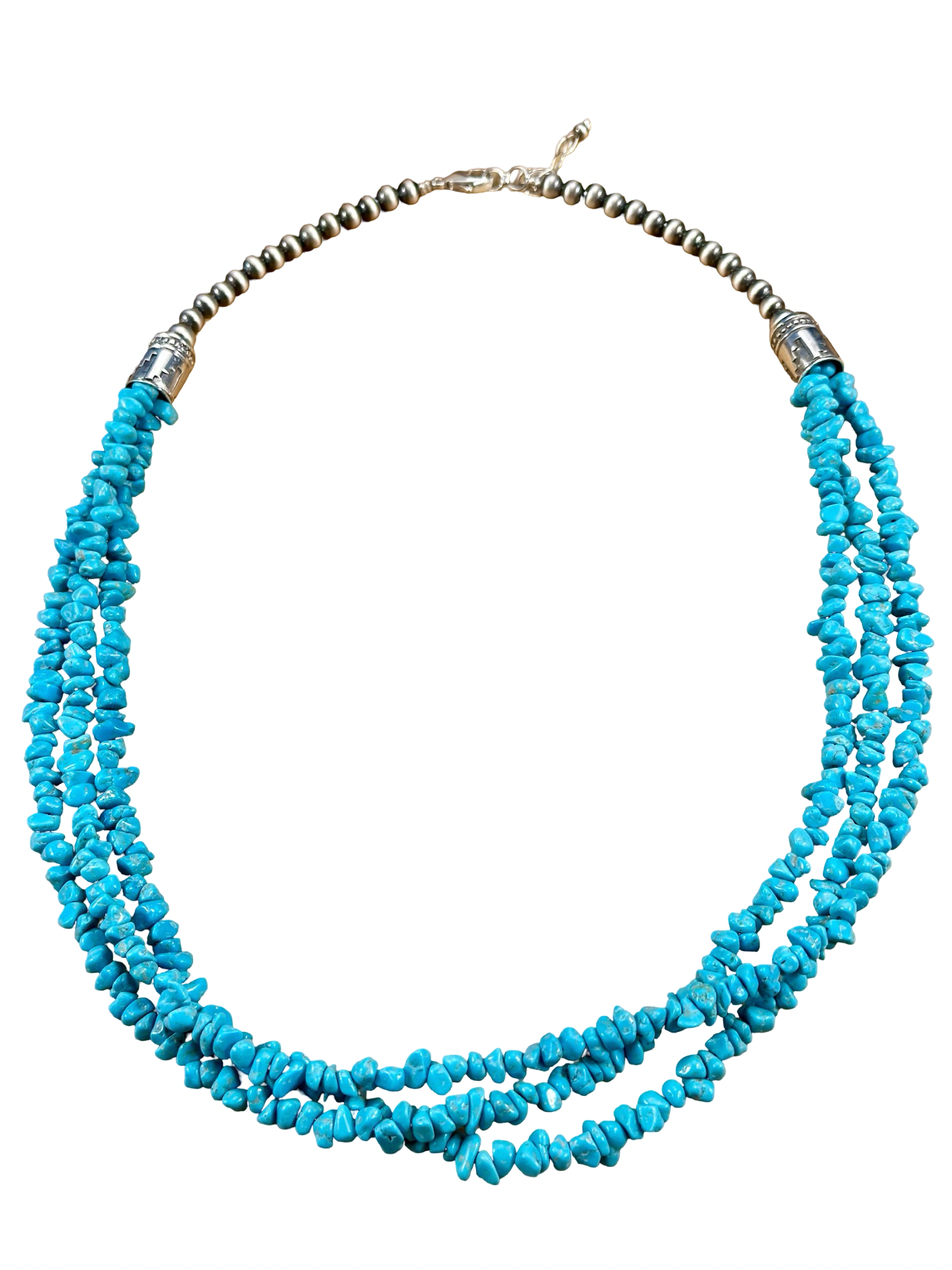 Kingman Turquoise 3 Strand Chip & Sterling Pearl Necklace