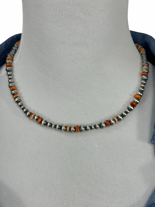 Orange Spiny & Sterling Pearl Necklace