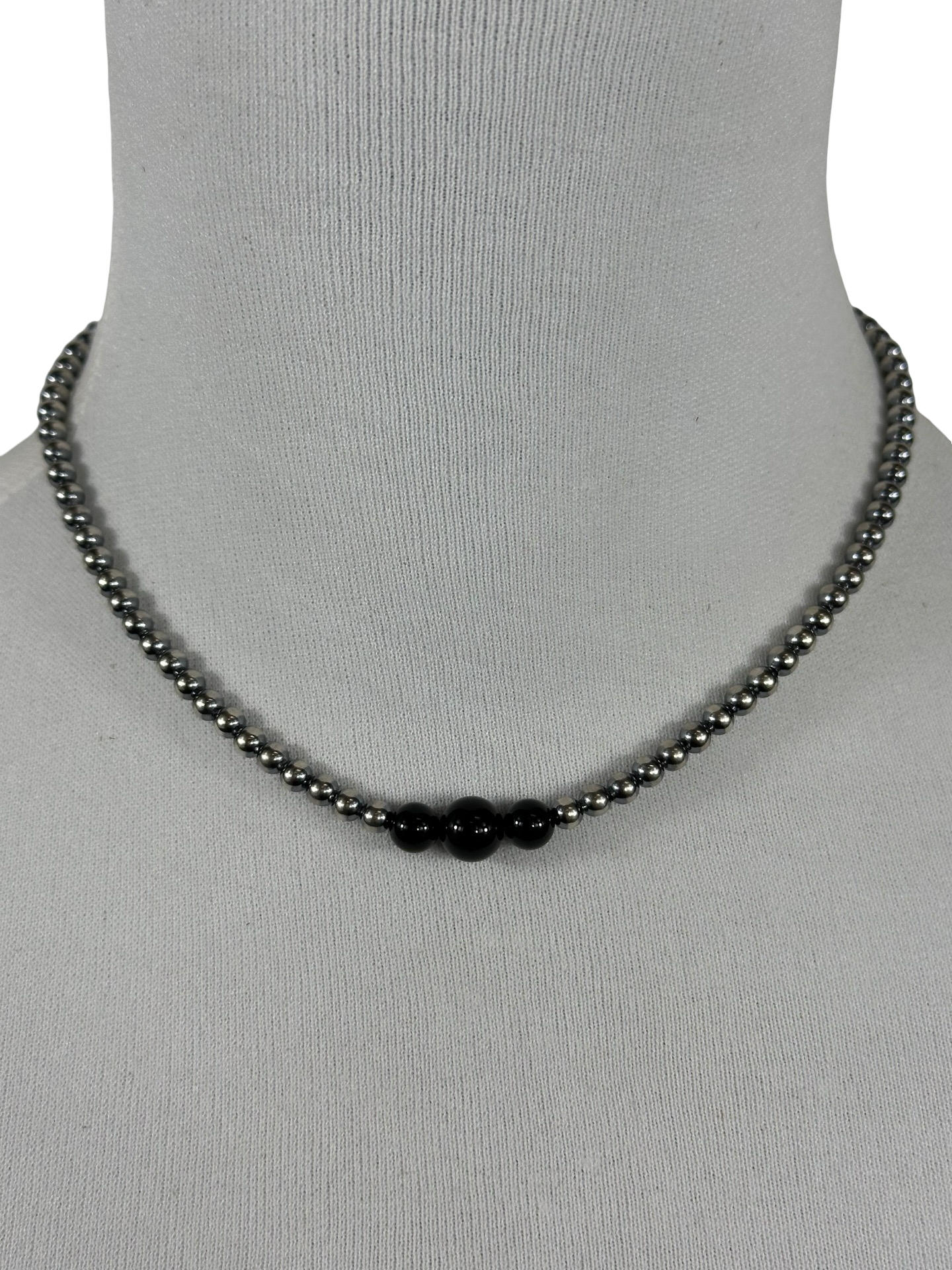 4-6-8mm Sterling Silver and Black Onyx Necklace