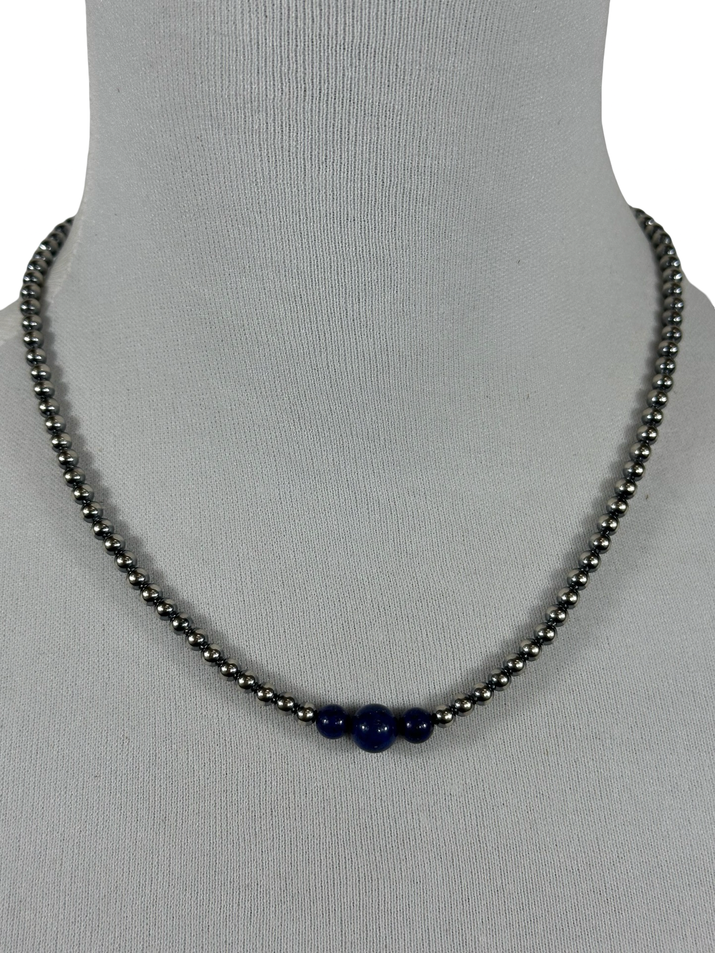 4-6-8mm Sterling Silver and Lapis Necklace