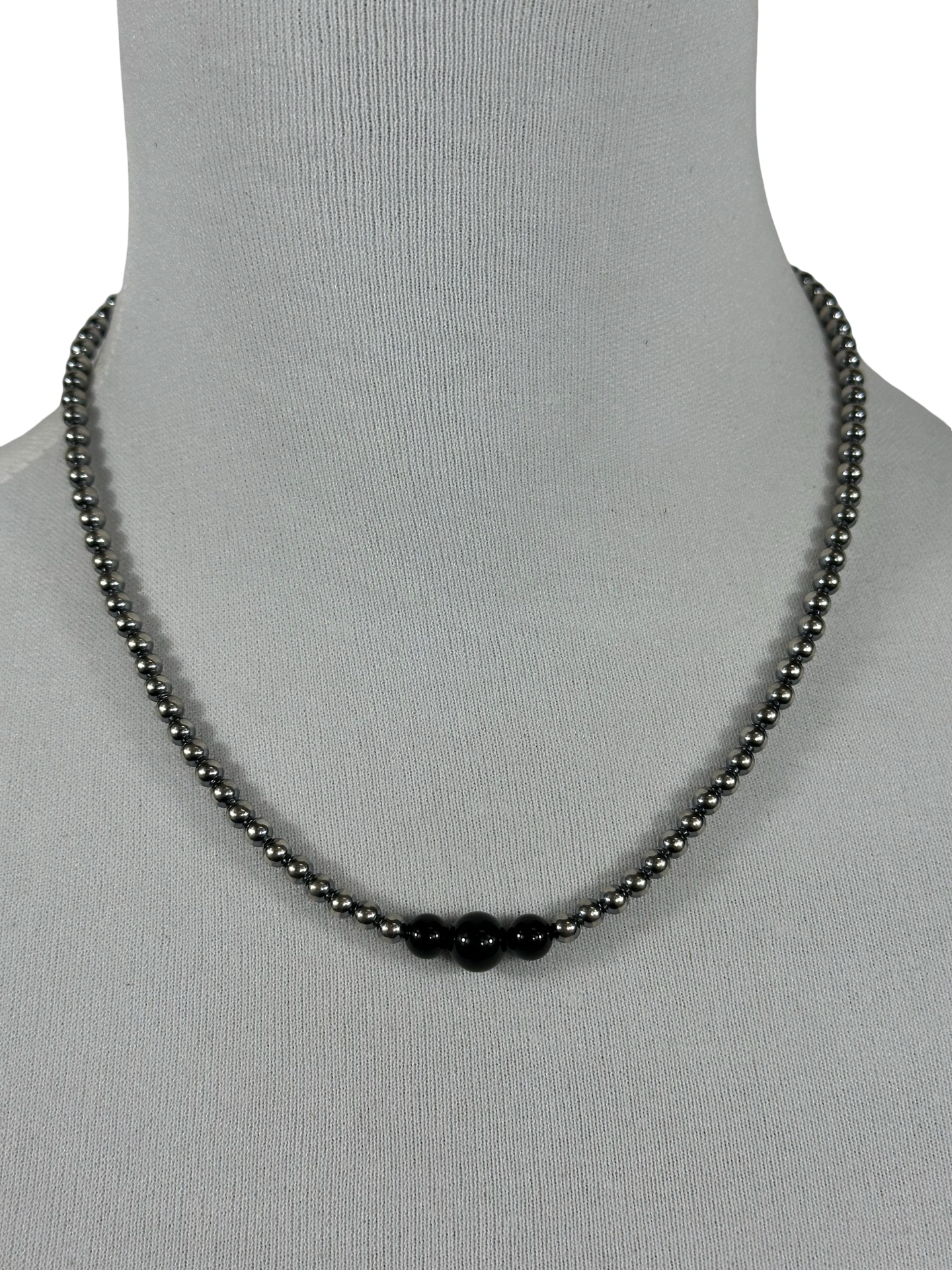 4-6-8mm Sterling Silver and Black Onyx Necklace