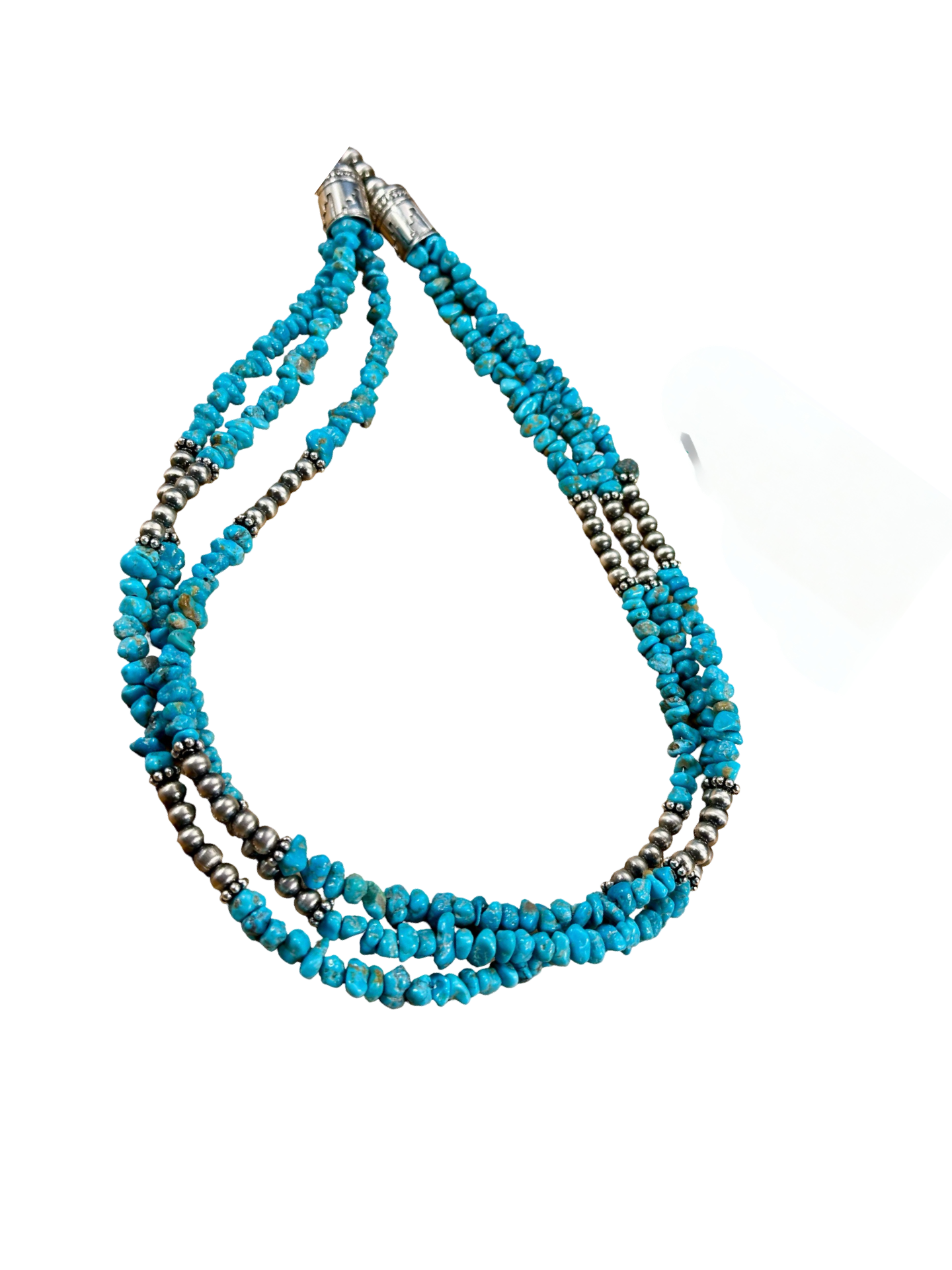 Kingman Turquoise 3 Strand Chip & Sterling Pearl Necklace