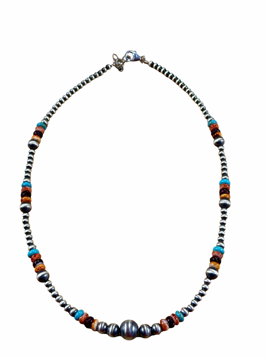 Multi-Color Bead and Sterling Pearl Necklace