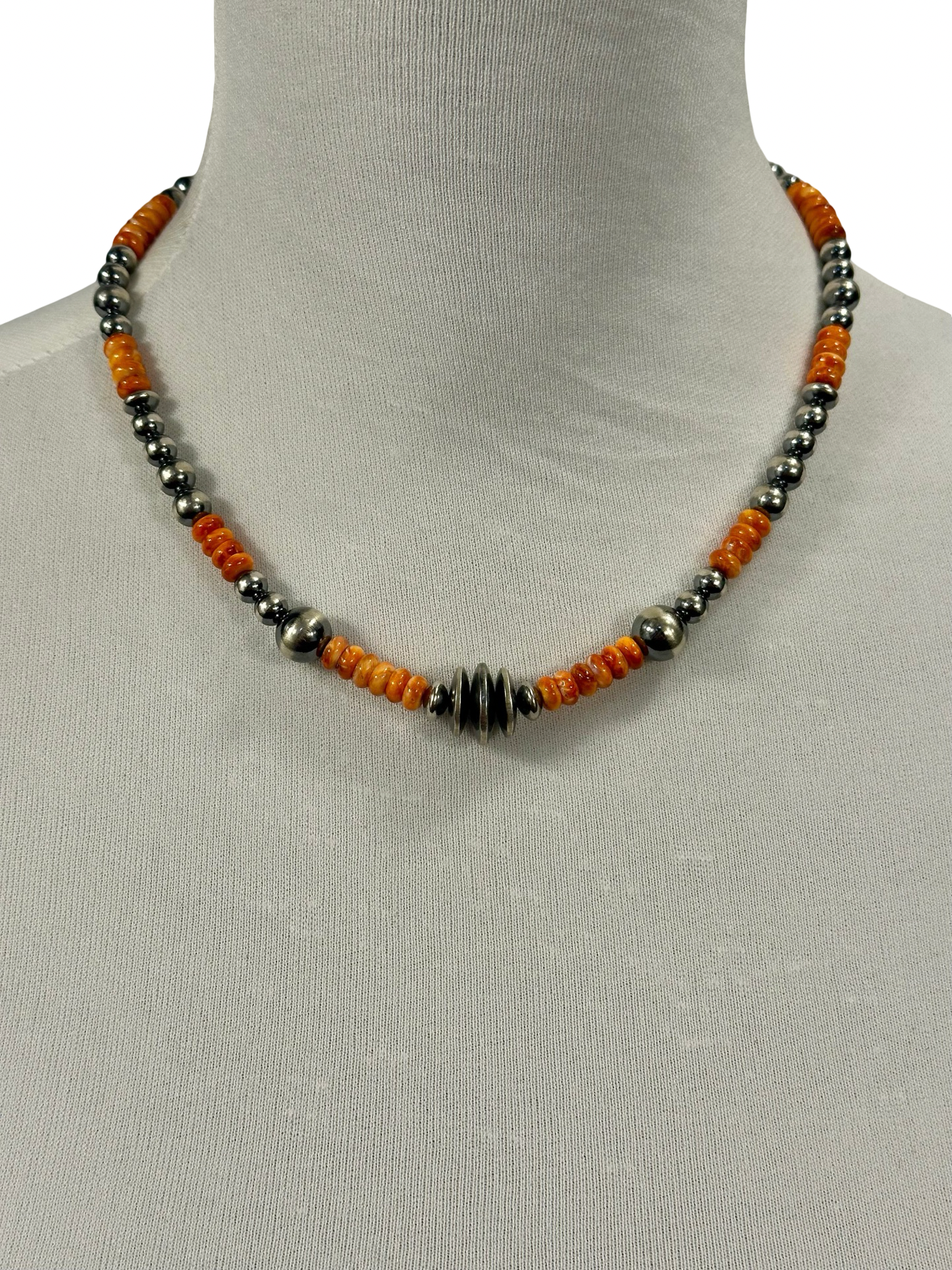 Orange Spiny Oyster & Sterling Pearl Necklace