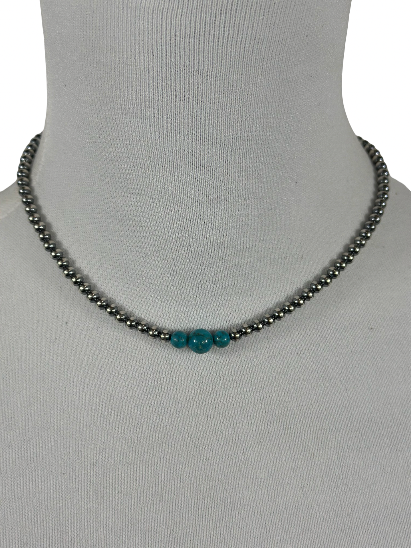4-6-8mm Sterling Silver and Kingman Turquoise Necklace