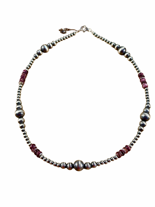 Purple Spiny Oyster & Silver Pearl Bead Ripple Necklace