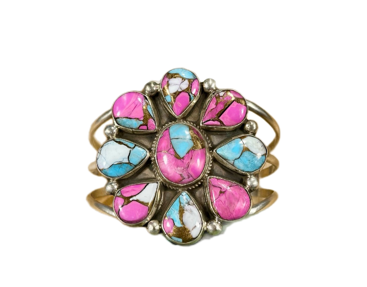 Cotton Candy Floral Cluster Sterling Silver Cuff Bracelet
