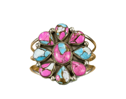 Cotton Candy Floral Cluster Sterling Silver Cuff Bracelet