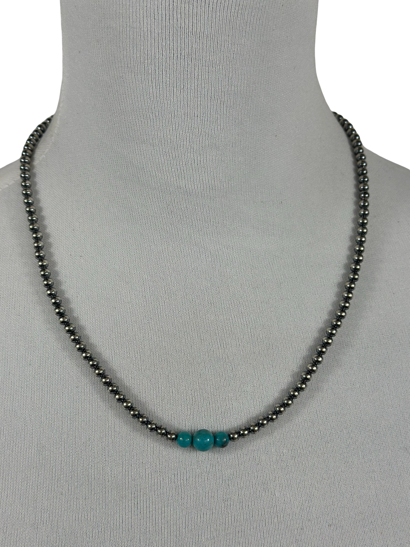 4-6-8mm Sterling Silver and Kingman Turquoise Necklace