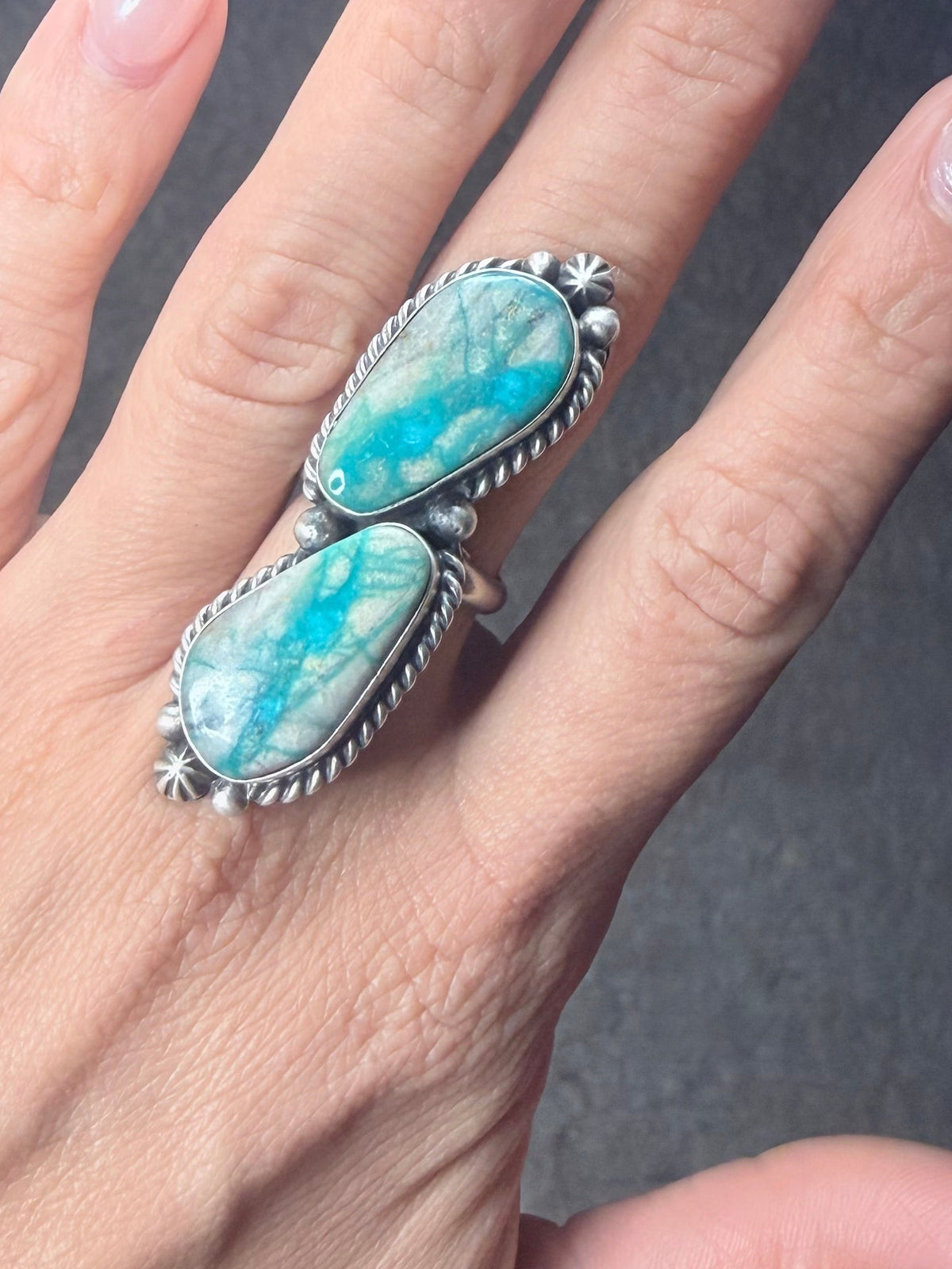 Royston Ribbon Turquoise 2 Stone Sterling Ring