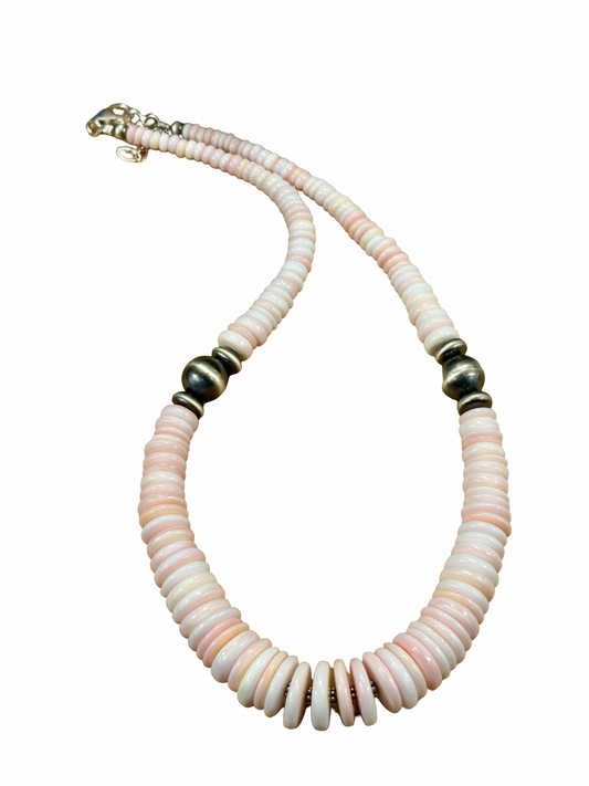 Pink Conch Disc & Sterling Silver Pearl Necklace