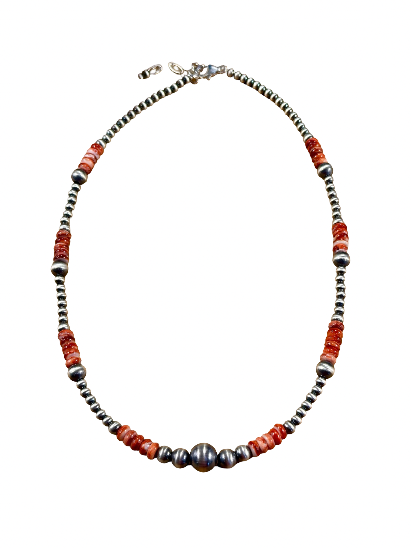 Red Spiny Oyster and Silver Pearl Bead Necklace