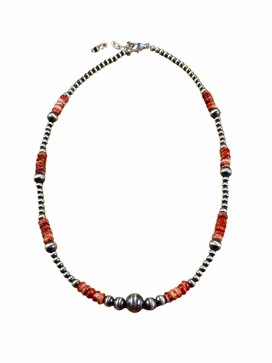 Red Spiny Oyster and Silver Pearl Bead Necklace