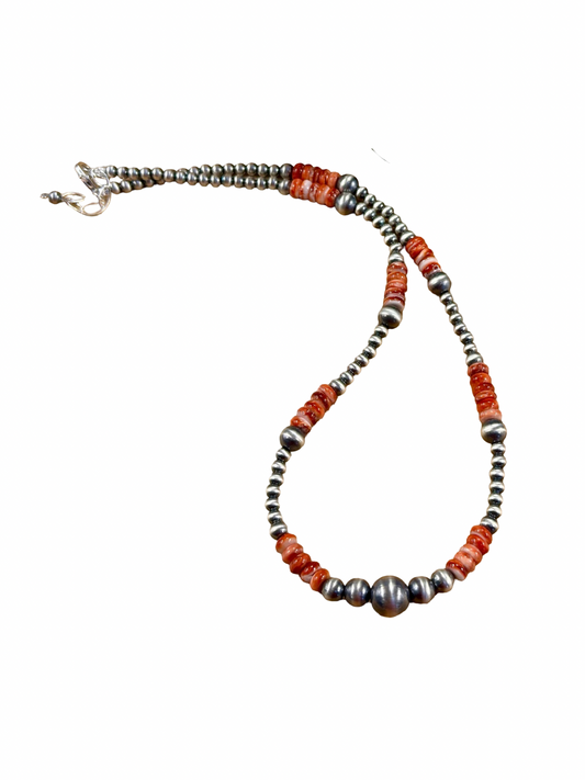 Red Spiny Oyster and Silver Pearl Bead Necklace