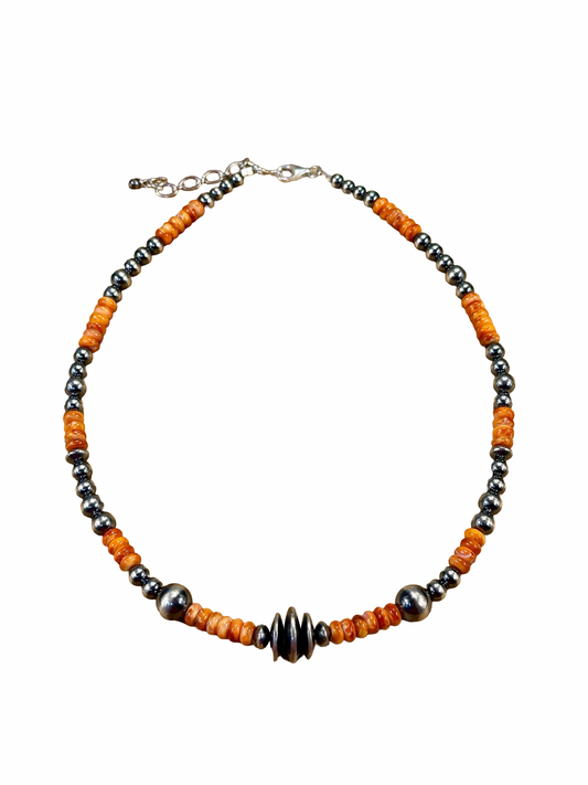 Orange Spiny Oyster & Sterling Pearl Necklace