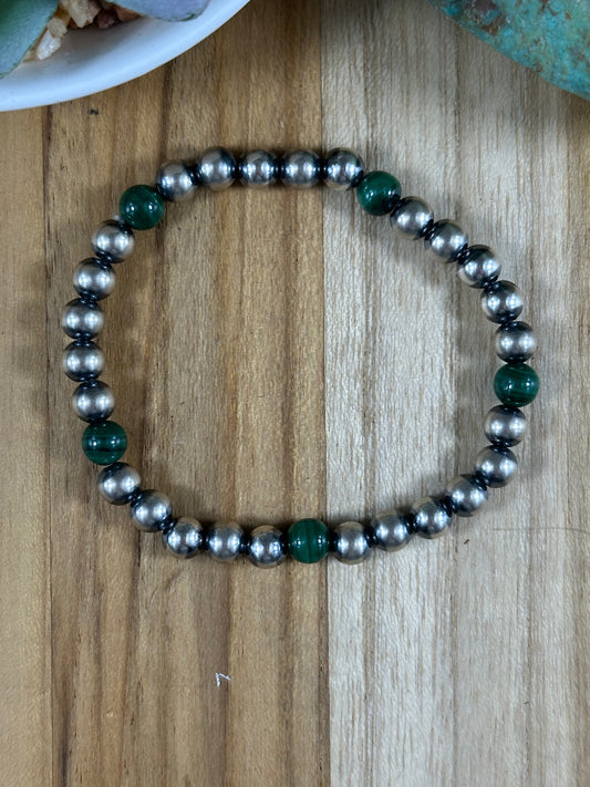 Malachite  and Sterling Pearl  Stretch Bracelet