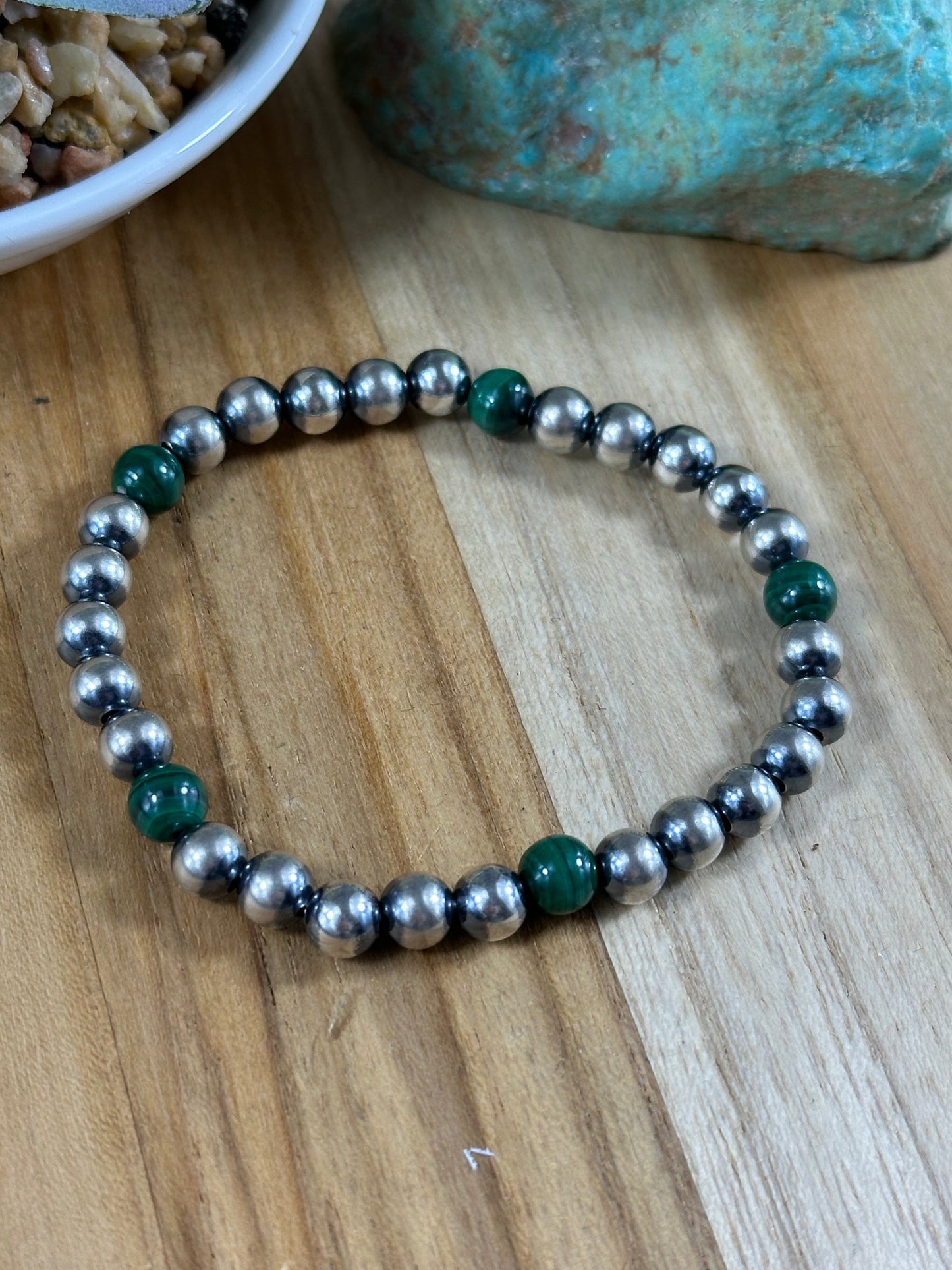 Malachite  and Sterling Pearl  Stretch Bracelet