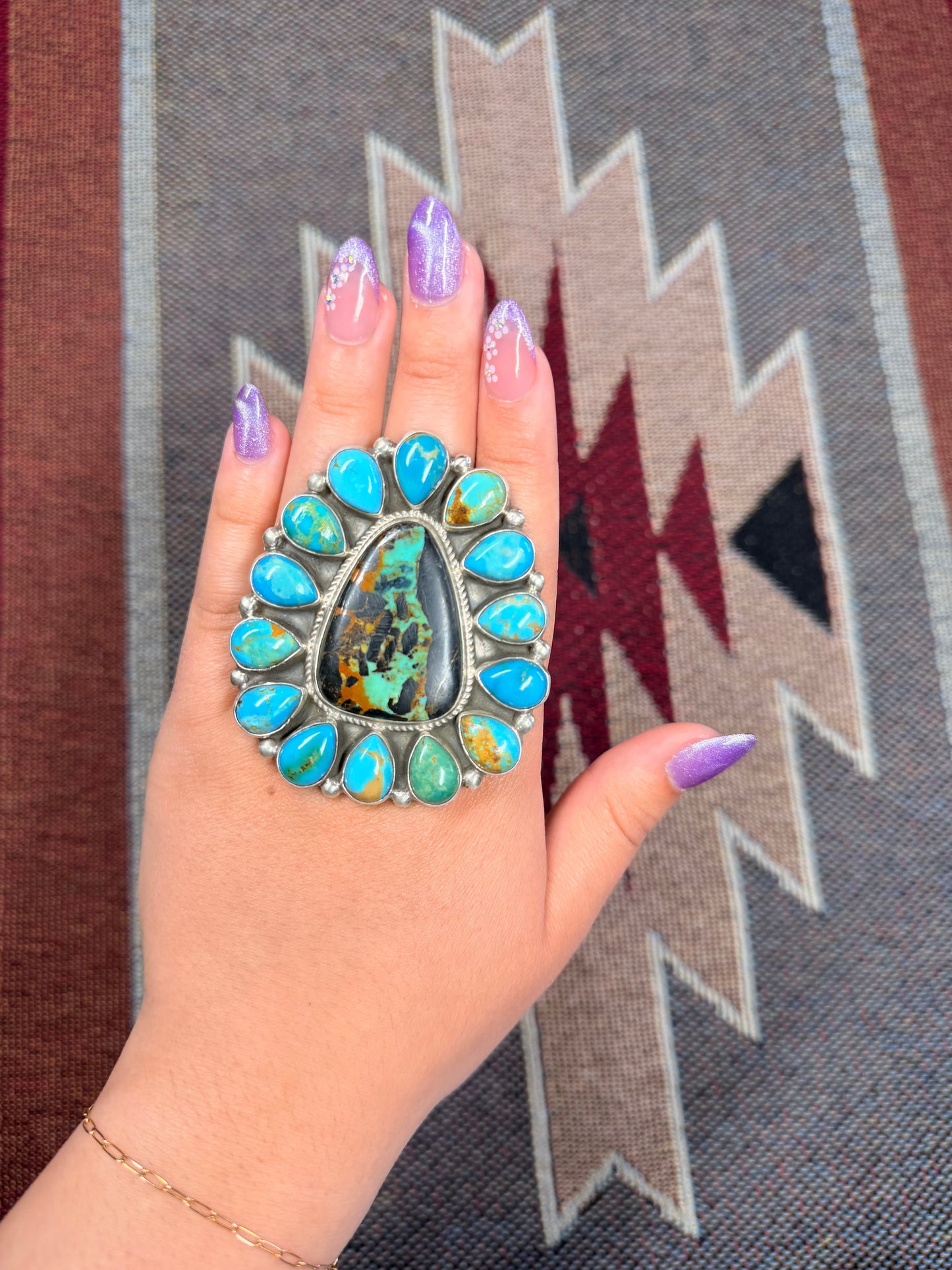 Black Jack & Kingman Turquoise Floral Cluster Ring