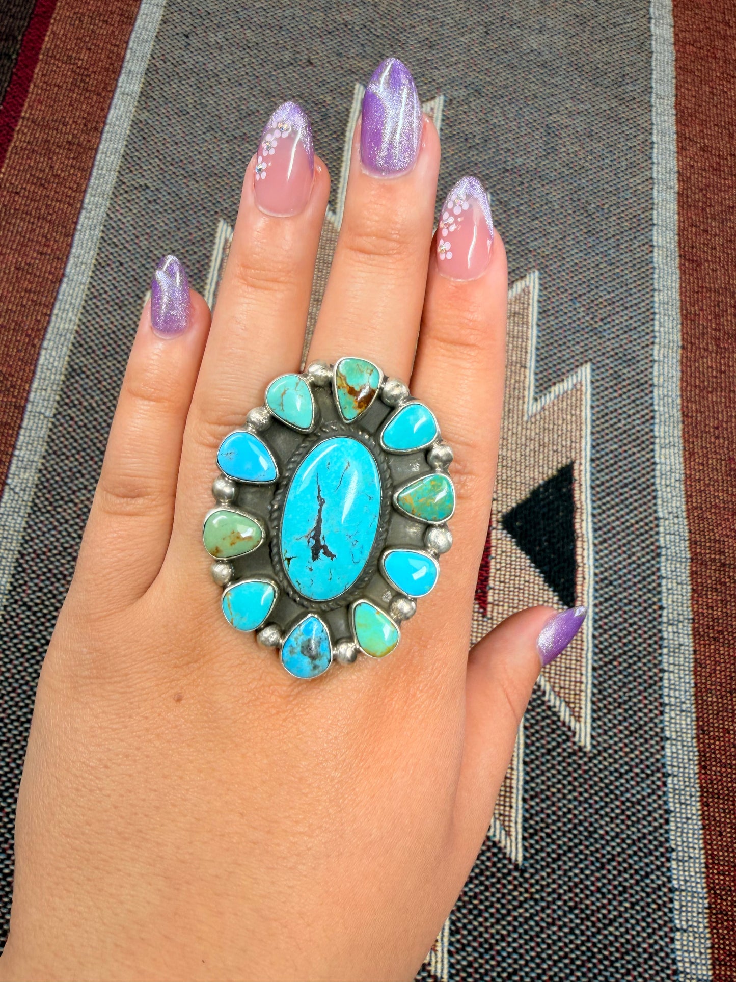 Kingman Turquoise Floral Cluster Sterling Ring