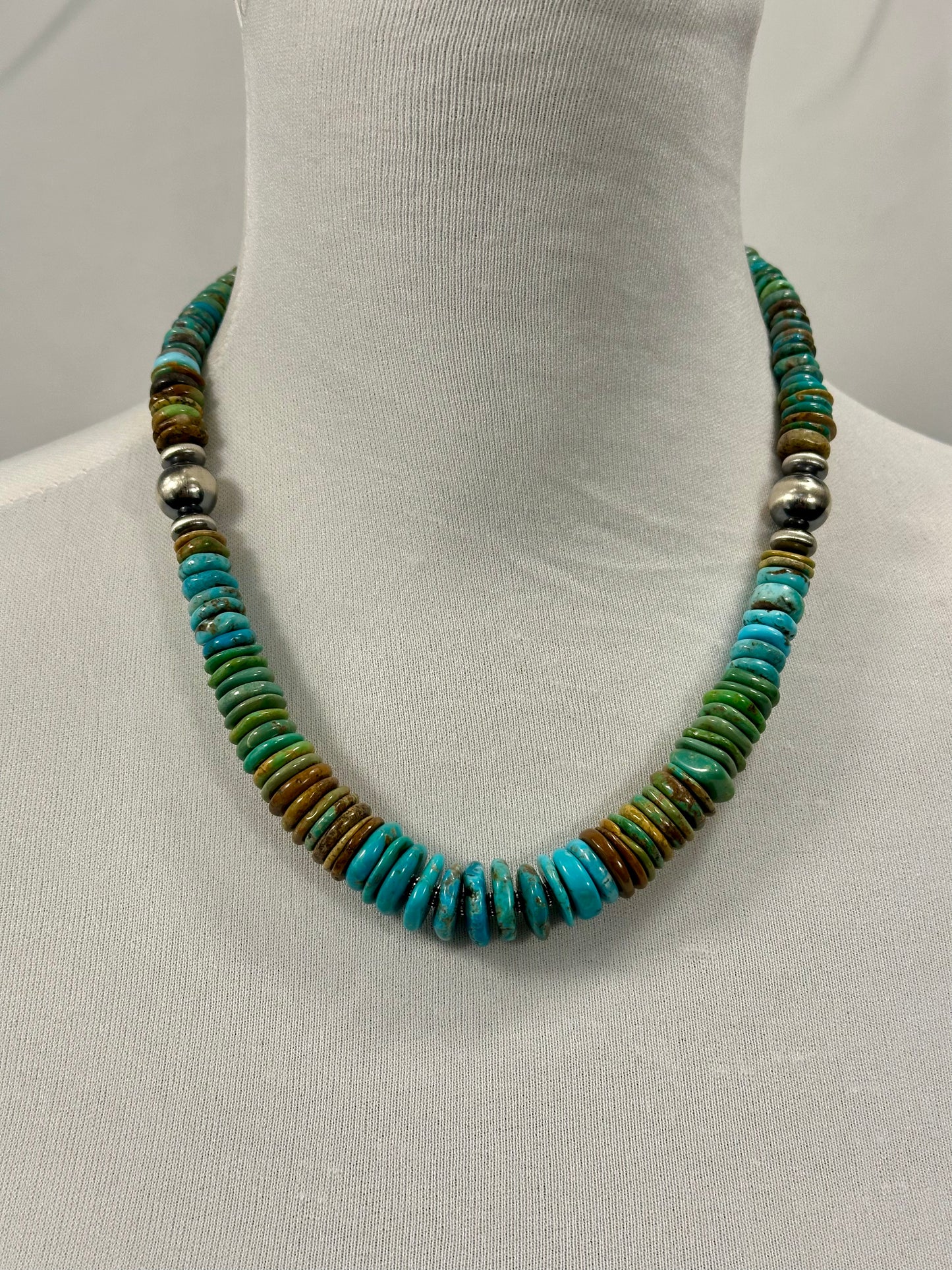 Kingman Turquoise Multi Color Disc & Sterling Silver Pearl Necklace