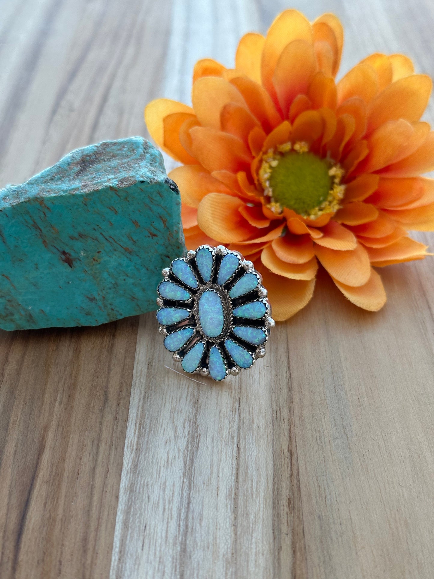 Opal Floral Cluster Sterling Silver Ring