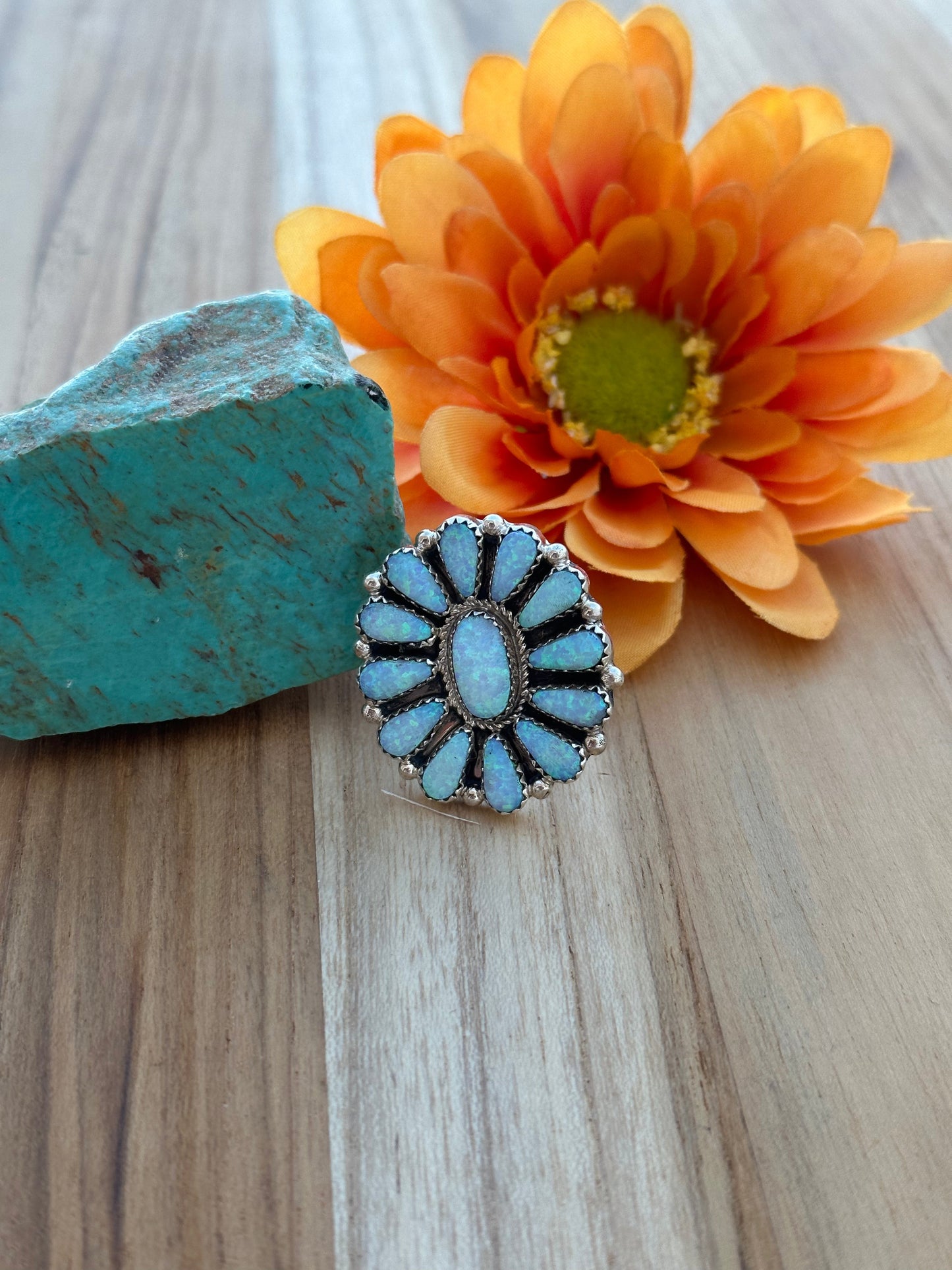Opal Floral Cluster Sterling Silver Ring