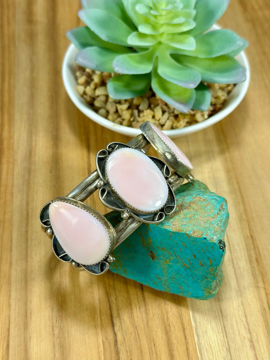 Pink Conch 3 Stone Sterling Silver Cuff Bracelet
