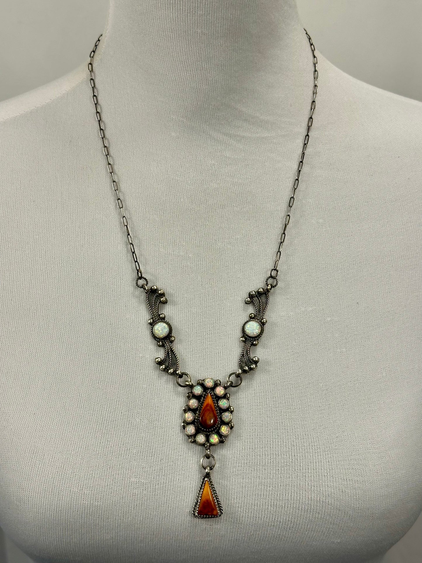 Orange Spiny & Opal Sterling Silver Lariat Necklace
