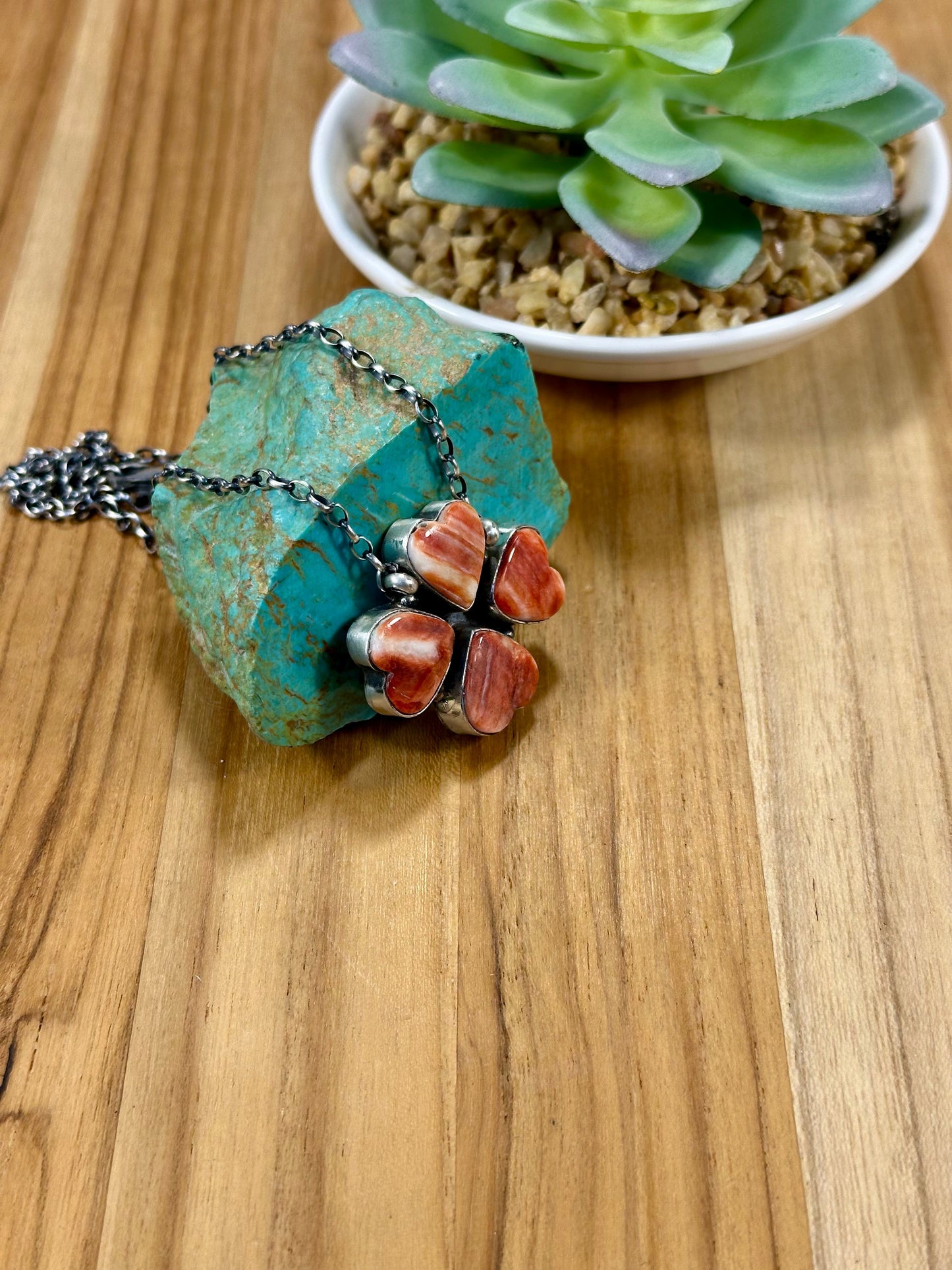 Red Spiny 4 Heart Clover Sterling Silver Necklace