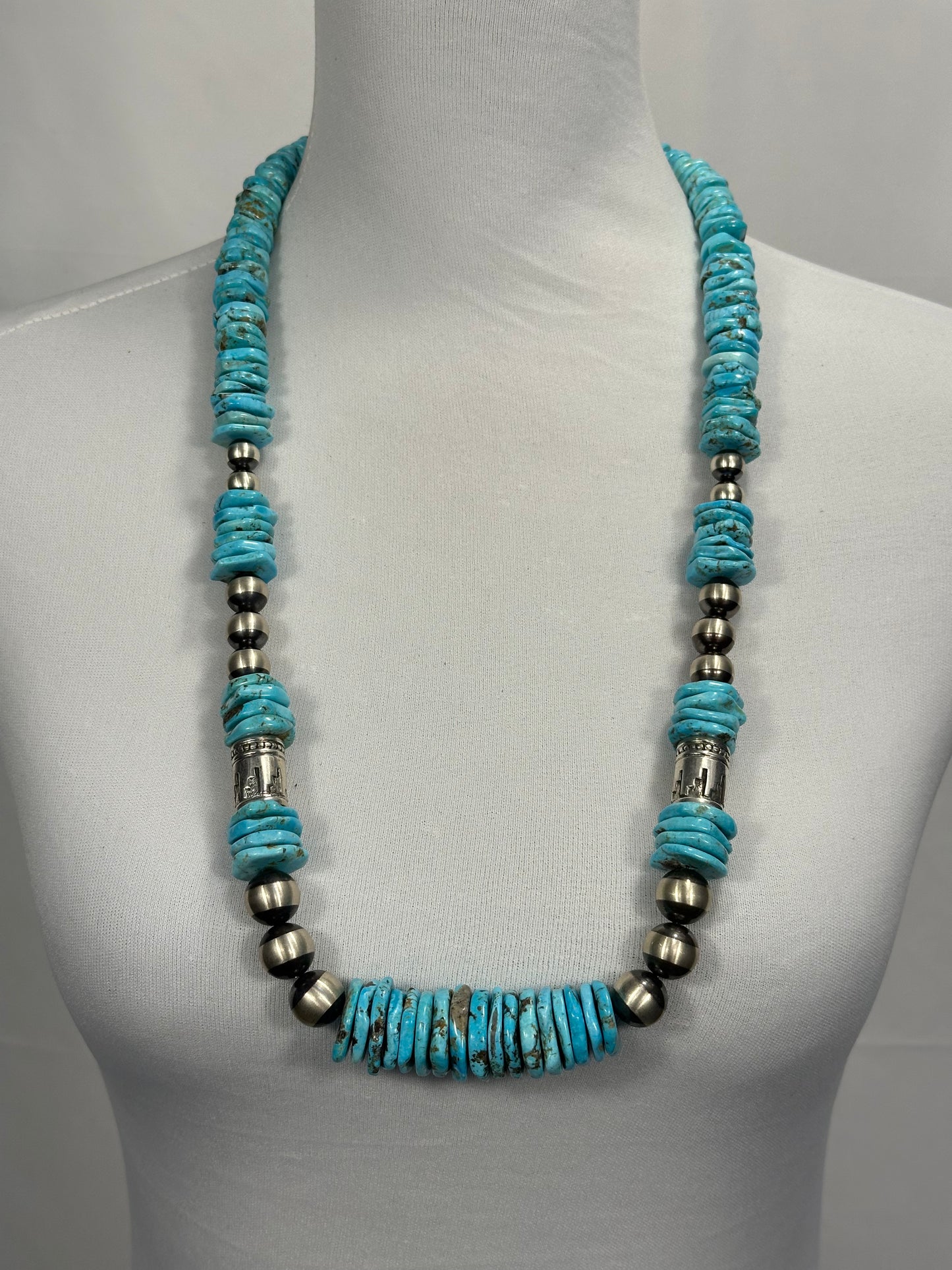 Kingman Turquoise Disc & Sterling Pearl Necklace