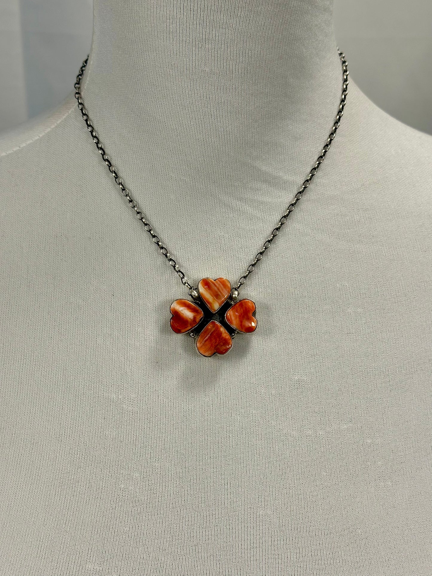 Red Spiny 4 Heart Clover Sterling Silver Necklace
