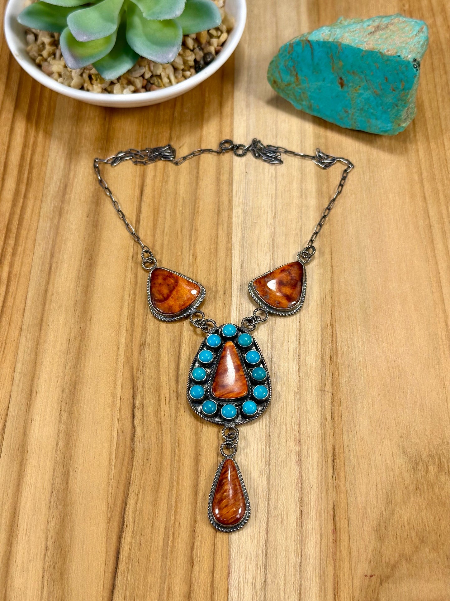 Orange Spiny & Kingman Turquoise Cluster Lariat Necklace