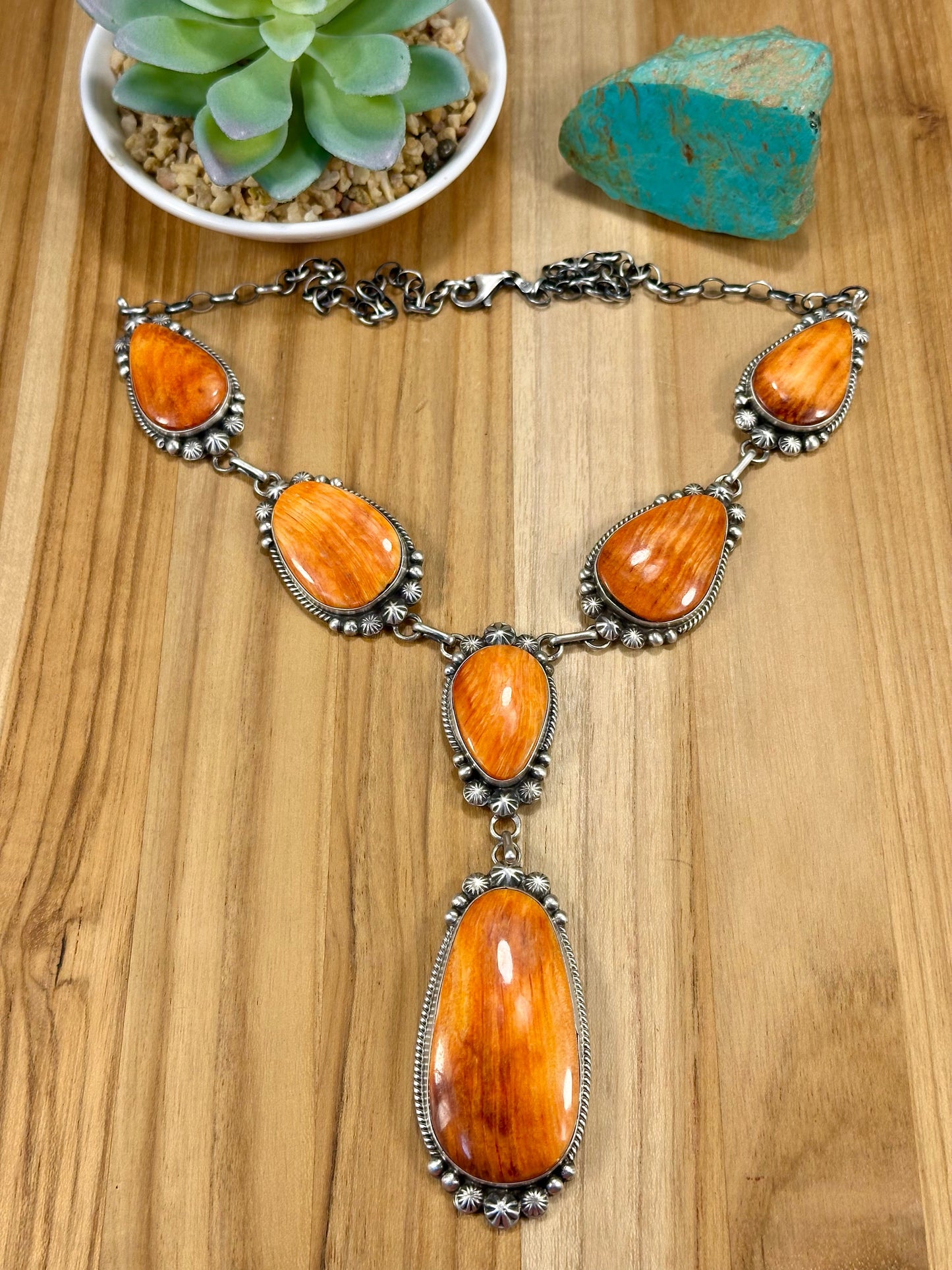 Orange Spiny Oyster Sterling Silver Lariat Necklace Set