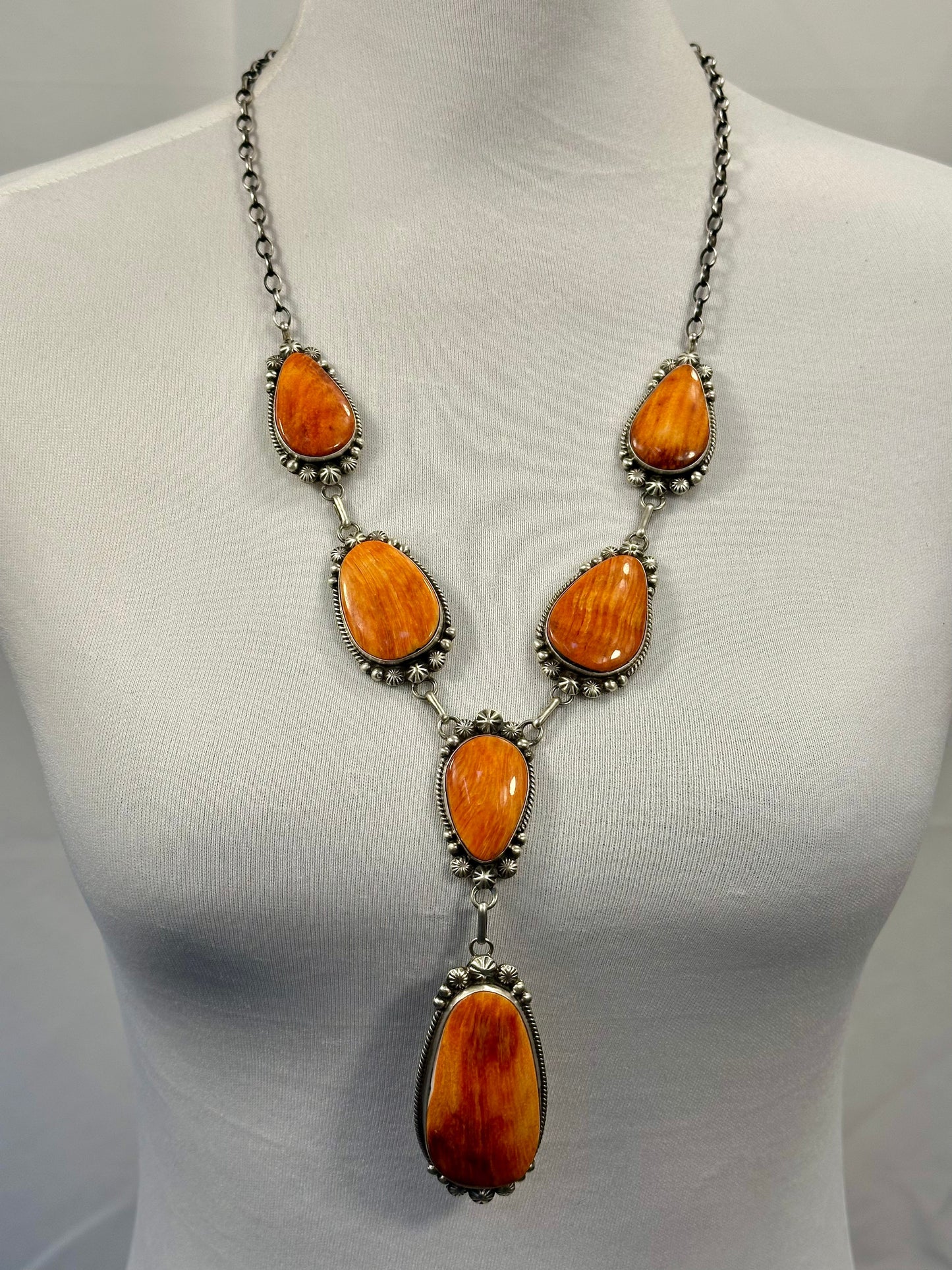 Orange Spiny Oyster Sterling Silver Lariat Necklace Set