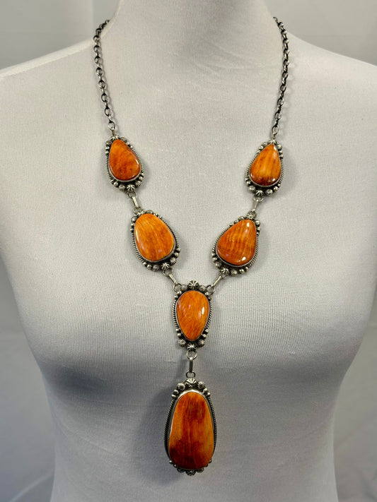 Orange Spiny Oyster Sterling Silver Lariat Necklace Set